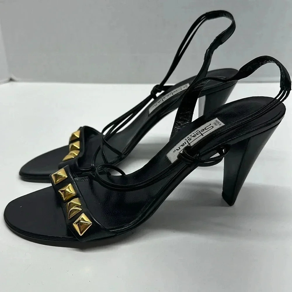 Sebastian Milano High Heels Open Toe Leather Ankle Strap Gold Studded Black 38.5